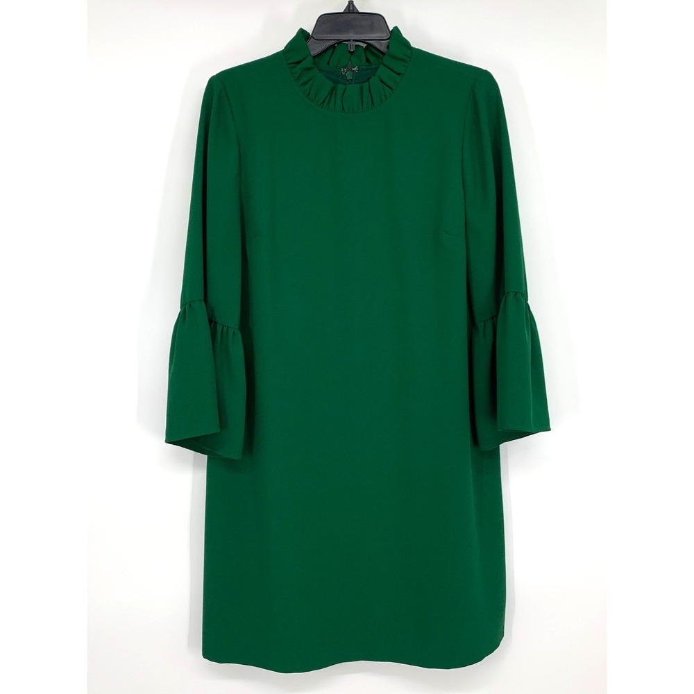 J.Crew Dress Green Crepe Ruffle Neck Bell Sleeve Shift Cocktail - Picture 4 of 14
